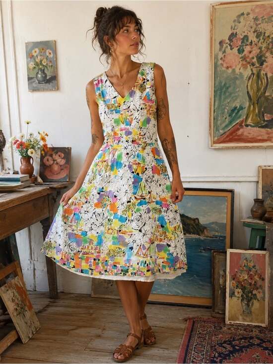 Dresses & Skirts - Vintage 90s Artsy Print Cotton Dress | Abstract Floral Coastal Cottagecore